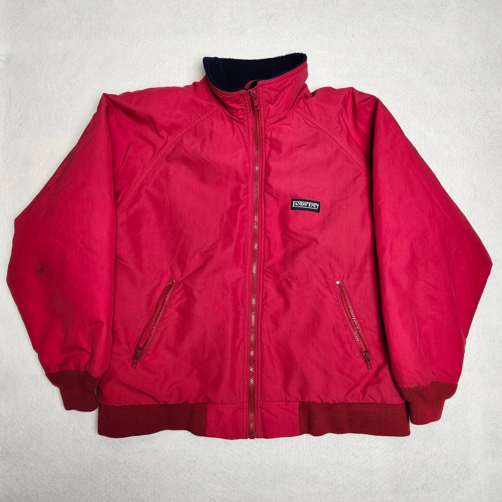 Vintage 90s Lands End Squall Bomber Jacket Womens Medium Red Polartec Fleece USA
